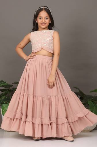 Ethnovog Ready To Wear Kids Girls Pink Embroidered Crop Top N Skirt