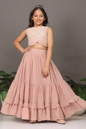 Ethnovog Ready To Wear Kids Girls Pink Embroidered Crop Top N Skirt