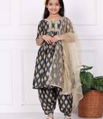 Ethnovog Ready To Wear Kids Girls Multicoloured Chinon Printed Suit Set