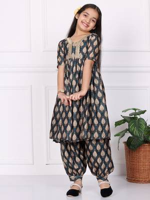 Ethnovog Ready To Wear Kids Girls Multicoloured Chinon Printed Suit Set 5