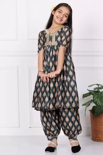 Ethnovog Ready To Wear Kids Girls Multicoloured Chinon Printed Suit Set