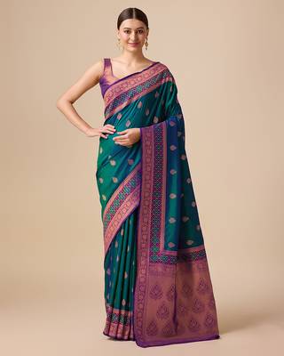 Dark Teal Color Banarasi silk blend Zari Woven Saree 1