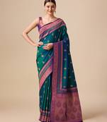 Dark Teal Color Banarasi Silk Blend Zari Woven Saree