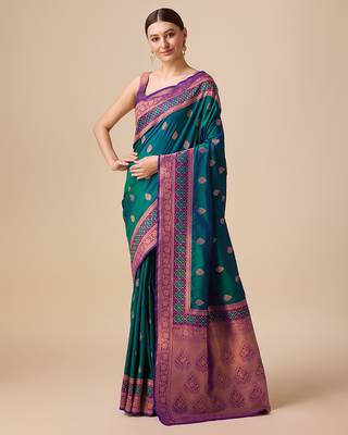 Dark Teal Color Banarasi silk blend Zari Woven Saree 2