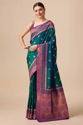 Dark Teal Color Banarasi silk blend Zari Woven Saree