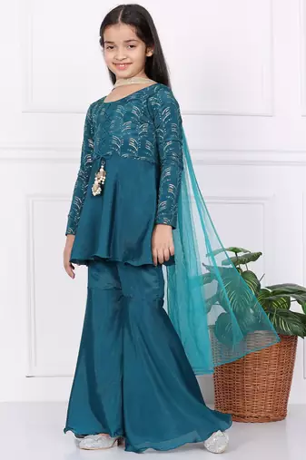 Ethnovog Ready To Wear Kids Girls Kid Girls Teal Green Embroidered Gharara Set