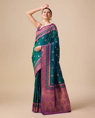 Dark Teal Color Banarasi silk blend Zari Woven Saree 3