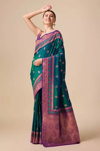 Dark Teal Color Banarasi silk blend Zari Woven Saree