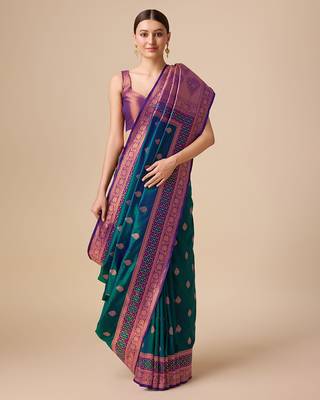 Dark Teal Color Banarasi silk blend Zari Woven Saree 4
