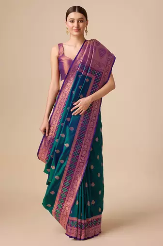 Dark Teal Color Banarasi silk blend Zari Woven Saree