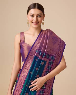 Dark Teal Color Banarasi silk blend Zari Woven Saree 5