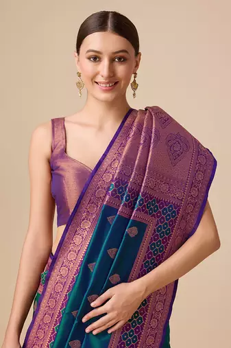 Dark Teal Color Banarasi silk blend Zari Woven Saree