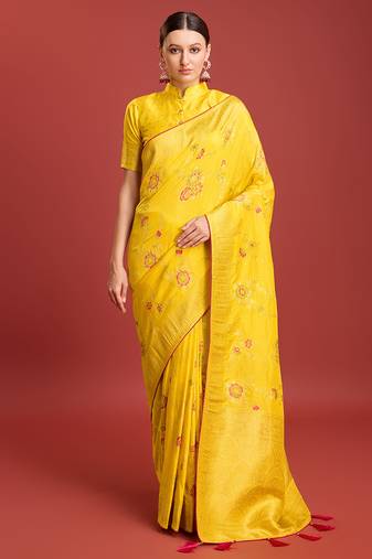 Gorgeous Faux Banarasi Viscose Silk Blend Saree In Yellow Floral Motif Intricate Zari Work