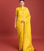 Gorgeous Faux Banarasi Viscose Silk Blend Saree In Yellow Floral Motif Intricate Zari Work