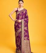 Gorgeous Faux Banarasi Viscose Silk Blend Saree In Purple Floral Motif Intricate Zari Work
