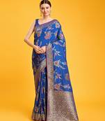 Gorgeous Faux Banarasi Viscose Silk Blend Saree In Blue Floral Motif Intricate Zari Work