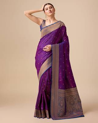 dark purple banarasi silk blend zari work saree 1