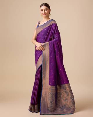 dark purple banarasi silk blend zari work saree 2