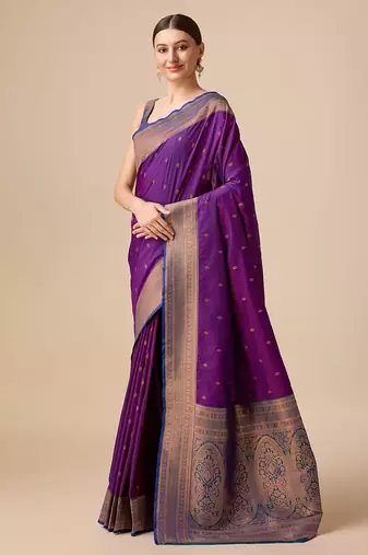 dark purple banarasi silk blend zari work saree