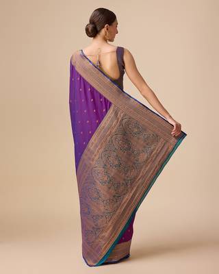 dark purple banarasi silk blend zari work saree 3