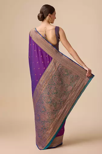dark purple banarasi silk blend zari work saree