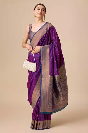 dark purple banarasi silk blend zari work saree