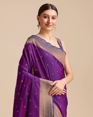 dark purple banarasi silk blend zari work saree 5