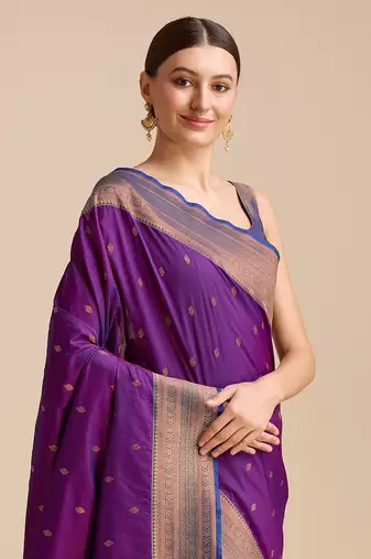 dark purple banarasi silk blend zari work saree