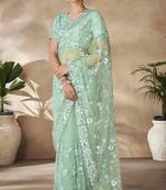 Marvellous Mint Green Sequins, Thread Emroidered With Zarkan Worked Net Fabric Designer Saree For Parties And Wedding
