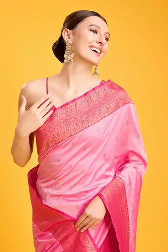 light pink banarasi silk blend zari work saree
