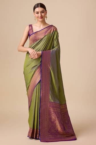 elegant olive green banarasi silk blend saree with intricate zari work with rich brocade patterns