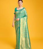 Monjolika Fashion Women'S Regal Turquoise Faux Banarasi Silk Saree With Handwoven Jaal Pattern With Gold Zari Weaving