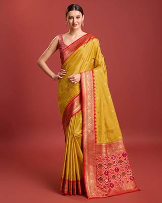 Mustard Color Patola Pallu Tissue Silk Blend Saree 1