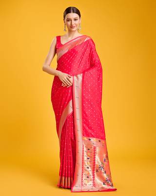 Paithani silk blend Saree In Red Color With Gold Weaves Zari Work 1