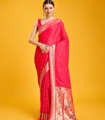 Women'S Opulent Paithani Silk Blend Saree In Regal Red Color With Gold Weaves Delicate Zari Work