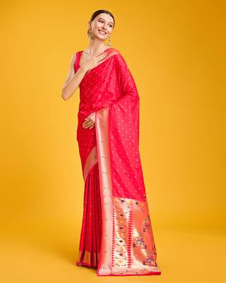 Paithani silk blend Saree In Red Color With Gold Weaves Zari Work 2