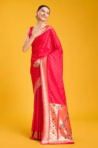 Paithani silk blend Saree In Red Color With Gold Weaves Zari Work