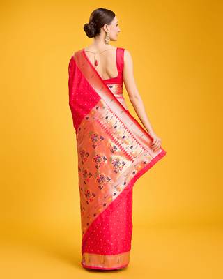 Paithani silk blend Saree In Red Color With Gold Weaves Zari Work 3