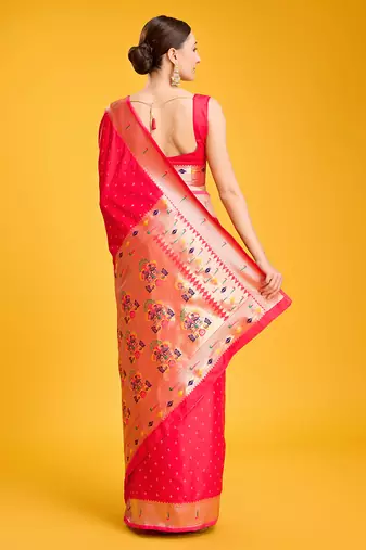 Paithani silk blend Saree In Red Color With Gold Weaves Zari Work