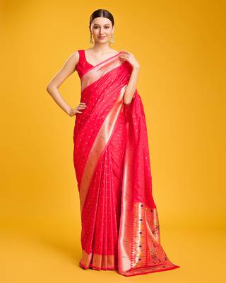 Paithani silk blend Saree In Red Color With Gold Weaves Zari Work 4