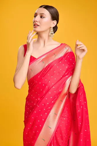Paithani silk blend Saree In Red Color With Gold Weaves Zari Work