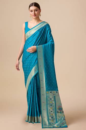 Monjolika Fashion Women'S Opulent Paithani Silk Blend Saree In Regal Blue Color With Gold Weaves Delicate Zari Work