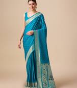 Monjolika Fashion Women'S Opulent Paithani Silk Blend Saree In Regal Blue Color With Gold Weaves Delicate Zari Work