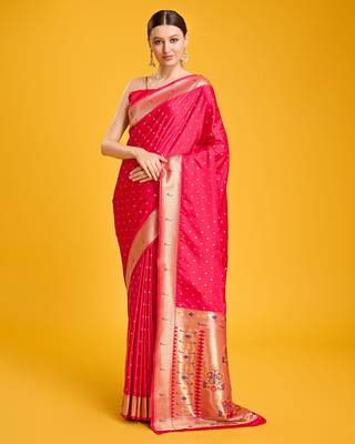 Paithani silk blend saree in bright pink color with gold weaves zari work 1