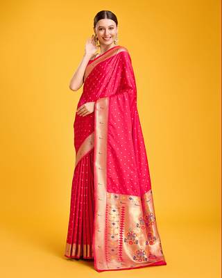 Paithani silk blend saree in bright pink color with gold weaves zari work 2