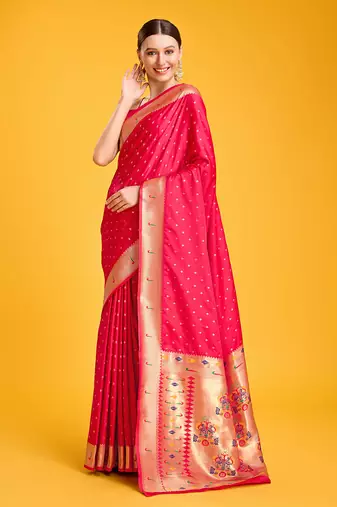Paithani silk blend saree in bright pink color with gold weaves zari work