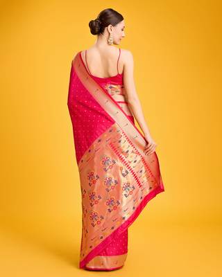 Paithani silk blend saree in bright pink color with gold weaves zari work 3