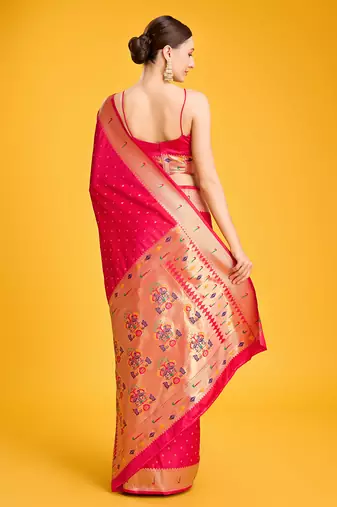 Paithani silk blend saree in bright pink color with gold weaves zari work