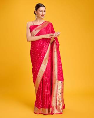 Paithani silk blend saree in bright pink color with gold weaves zari work 4