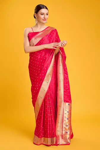 Paithani silk blend saree in bright pink color with gold weaves zari work